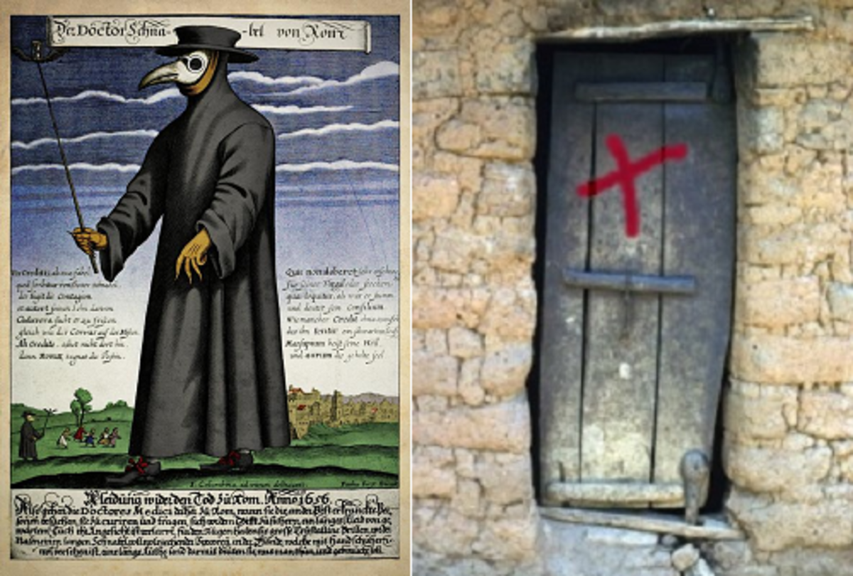 Plague doctors wore elaborate costumes to prevent infection, and victims doors were marked to warn others away.