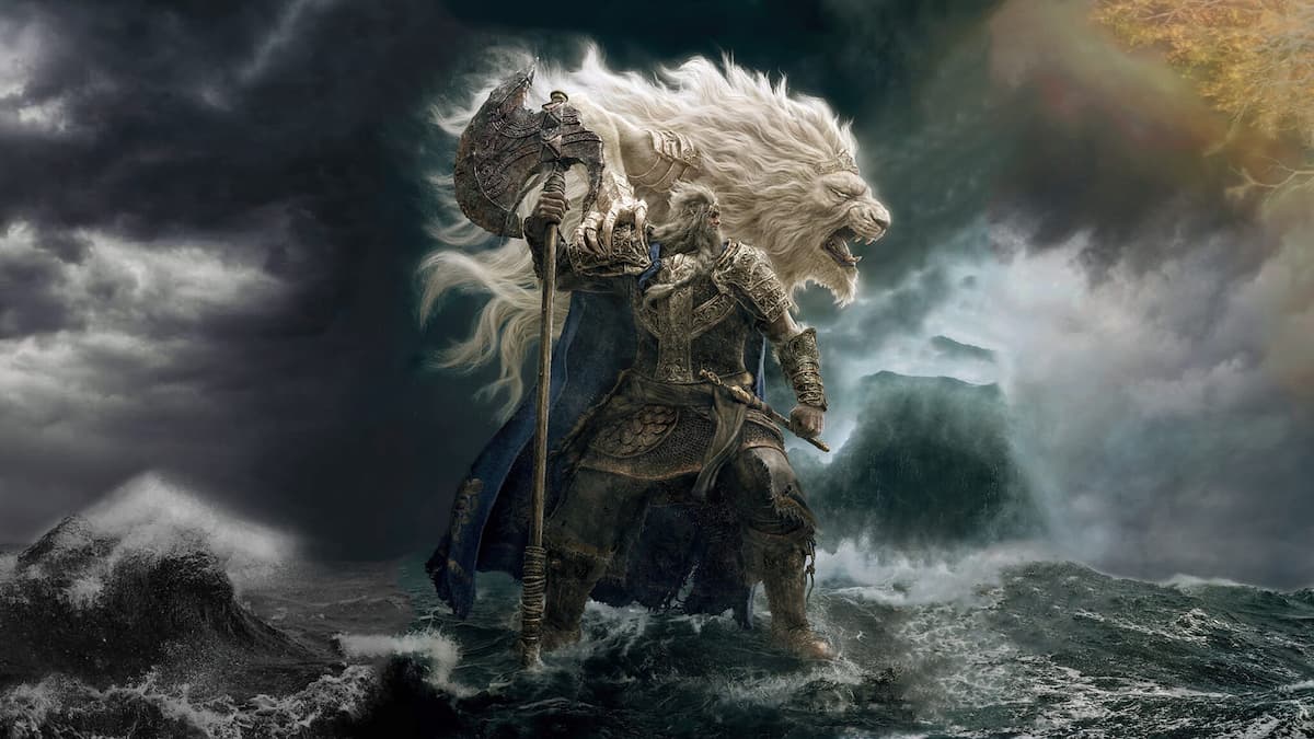 Idealized image of Godfrey, the First Elden Lord with the Beast Regent Serosh.