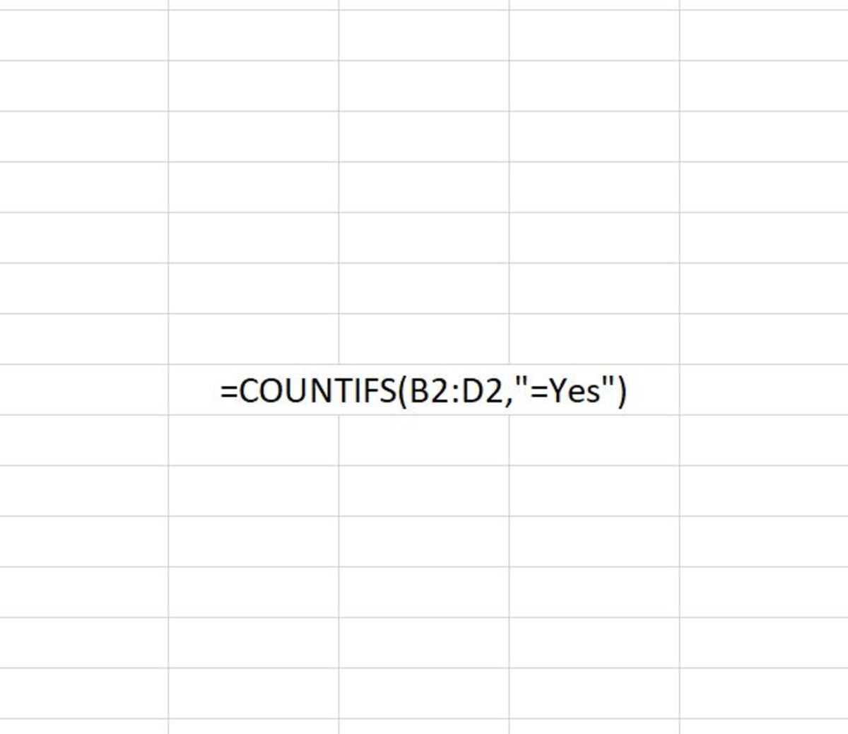 The COUNTIFS function is shown above after typed into an Excel spreadsheet. The formula here is the simplest form of the COUNTIFS function where only one criteria is used to count.  