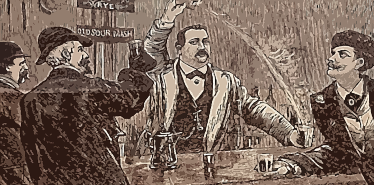 “Professor” Thomas dazzled his customers by juggling bottles and pouring drinks from a height.
