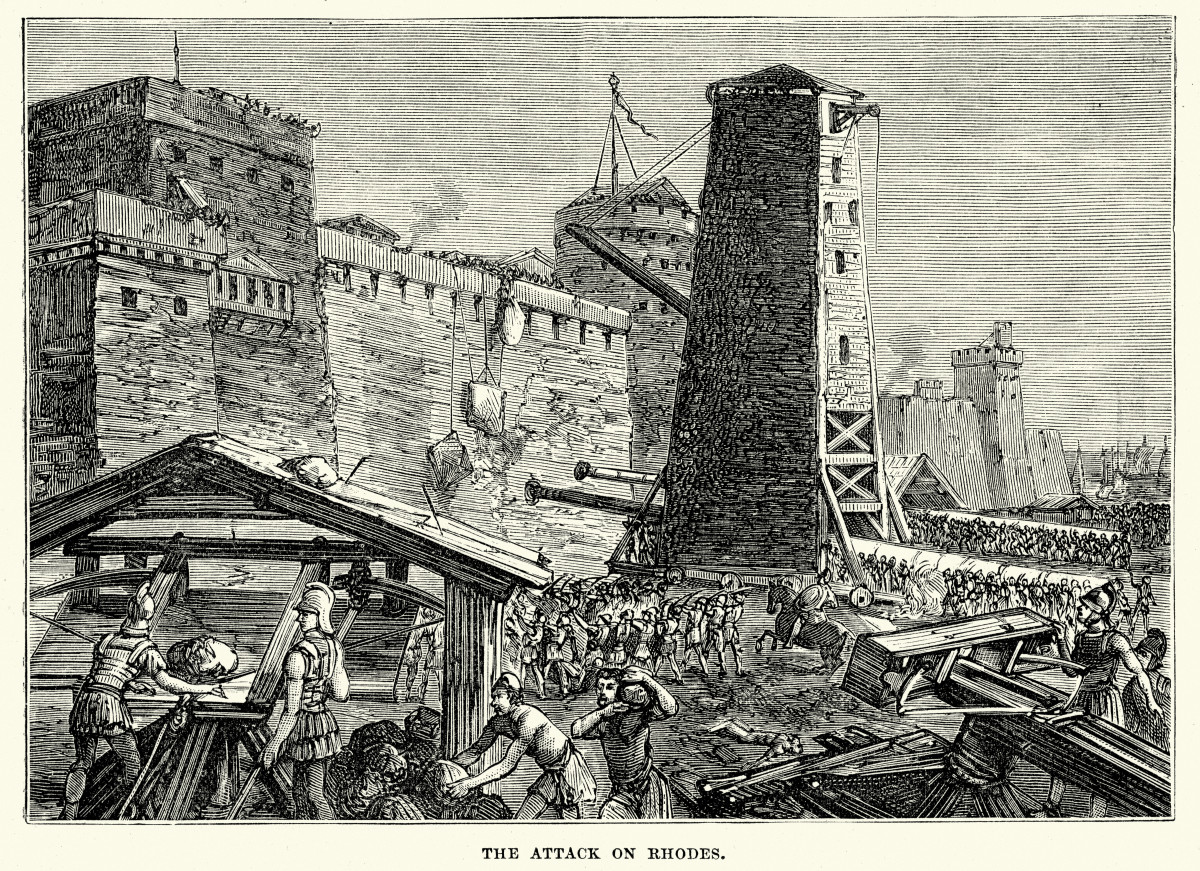 Siege towers date back to the ancient world. This image depicts the Siege of Rhodes (305 BC).