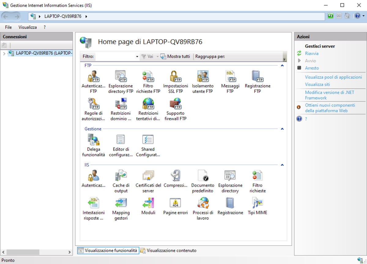The main interface of the IIS Manager