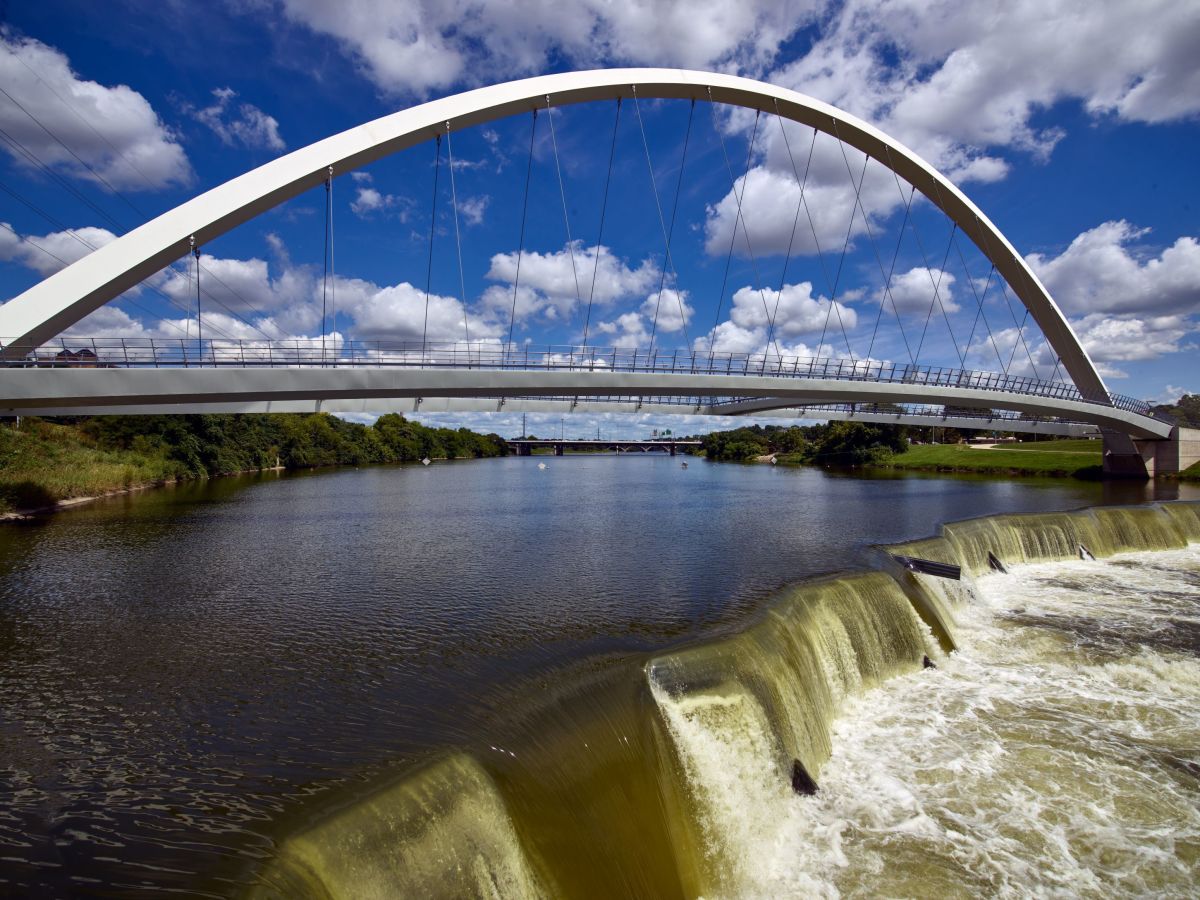 The Women of Achievement Bridge is a modernistic, pedestrian only structure that crosses the Des Moines River.