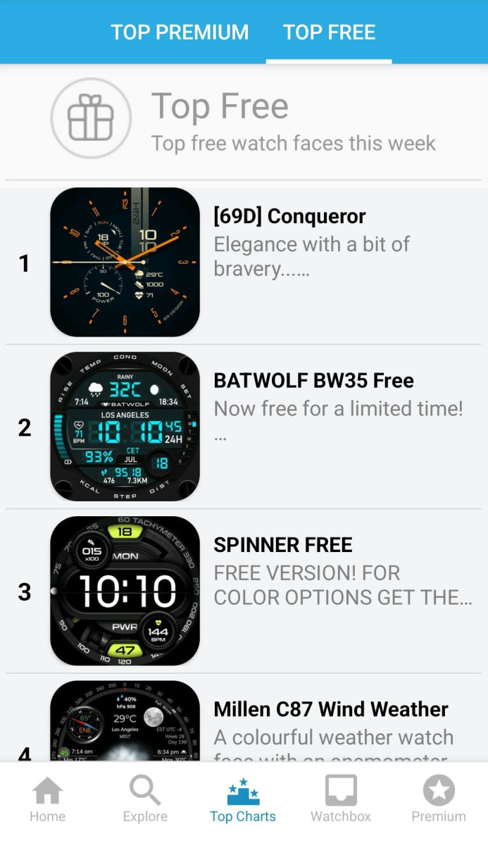 Click Top Charts at the bottom of the Facer app, then Top Free at the top to see a list of popular free watch faces for your Samsung Galaxy 4 watch