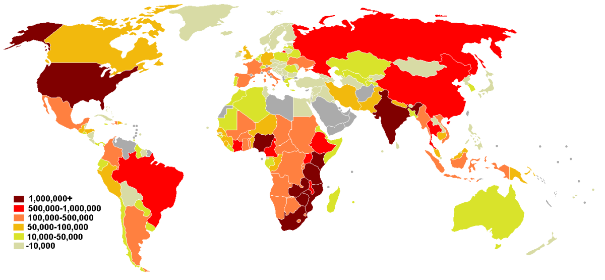 A world map depicting the prevalence of HIV by country. 