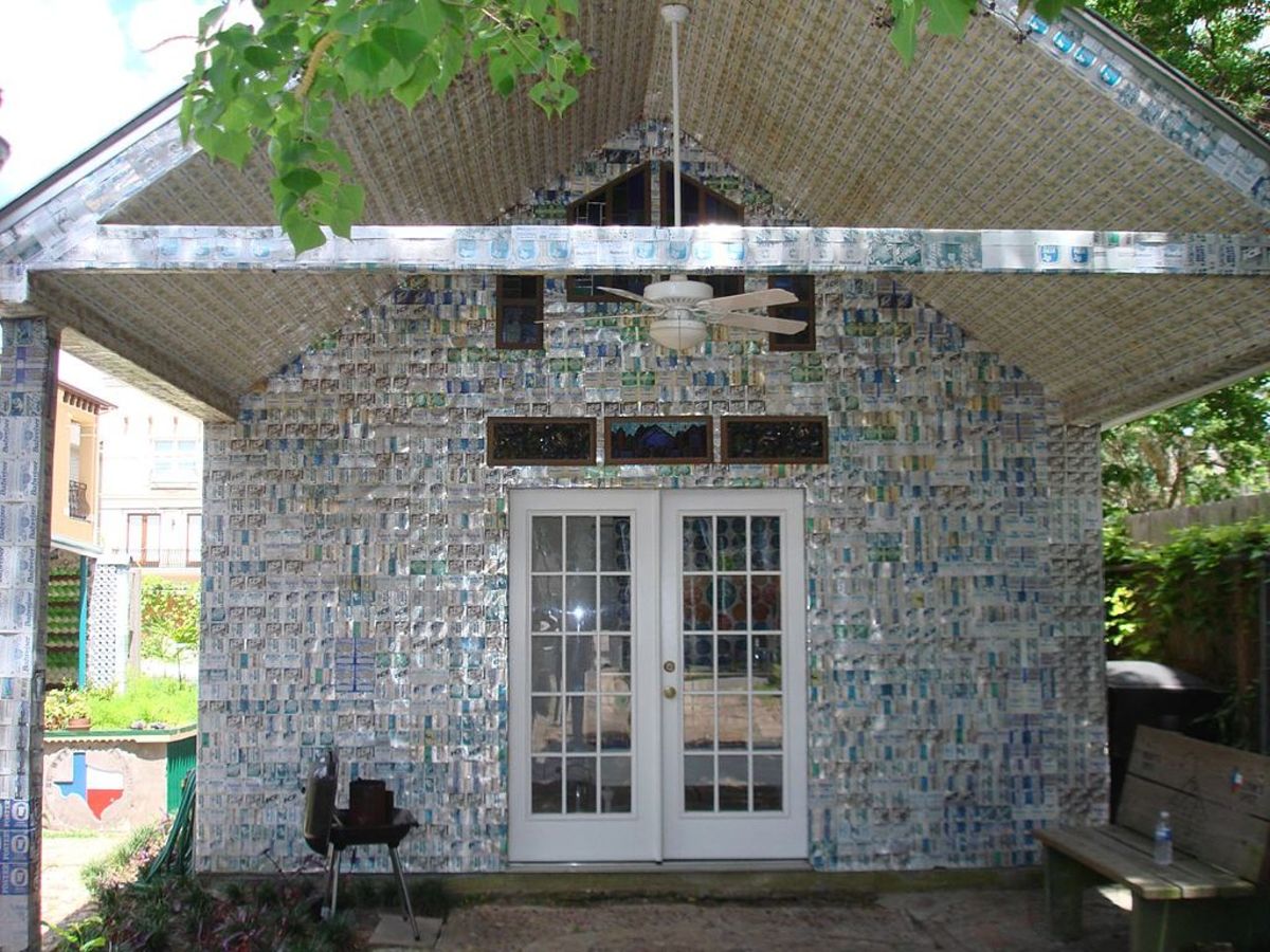 It's hard to tell, but this entire shed is built out of beer cans.--wikimedia commons