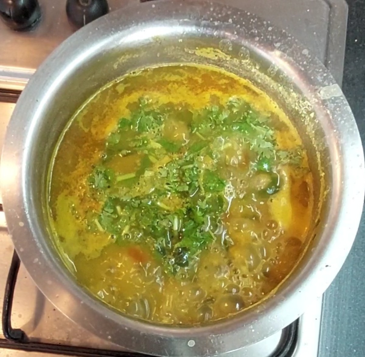 Add 1/2 cup chopped coriander leaves, mix and switch off the flame.
