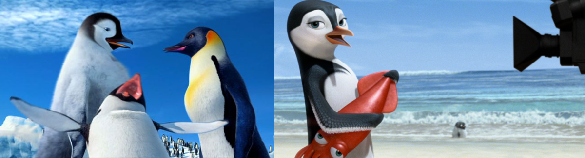 Both CG animations featured a large penguin cast, one singing and the other surfing. 