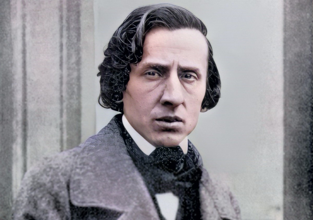 A color-enhanced 1849 photograph of Frédéric Chopin.