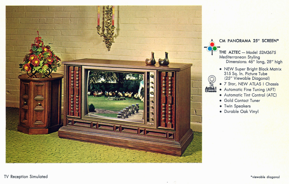 CM Panorama 25 Inch Screen, The Aztec, Model 52M3675, Mediterranean Styling,  1971 new Super Bright Picture Tube.