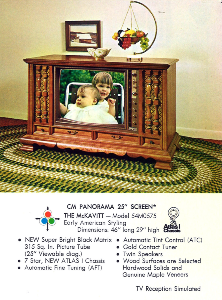 CM Panorama 25 Inch Screen, The McKavitt, Model 54M0575 Early American Styling. Dimensions 46 inches long 29 inches high. New Super Bright Black Matrix 315 square inch picture tube, 25 inch viewable screen. 