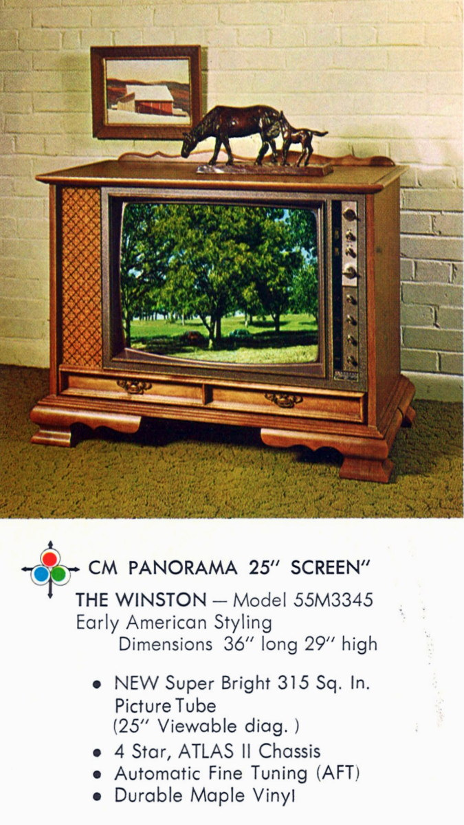 The Winston, Model 55M3345, Early American Styling, CM Panorama 25 Inch Screen. New Super Bright picture tube. Durable Maple vinyl, automatic fine tuning (AFT), four star Atlas II chassis. 
