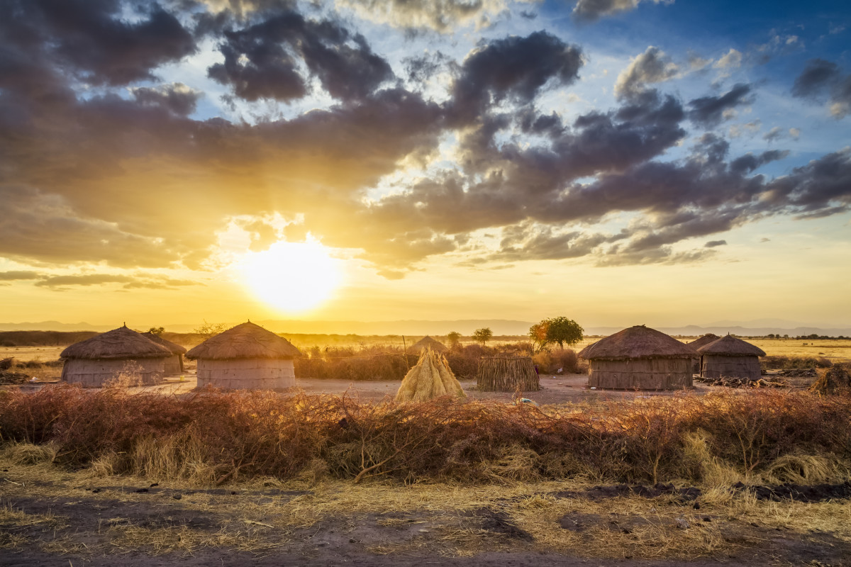 Maasai village with huts and "fence" of thorn bushes near Tarangire National Park in Tanzania.