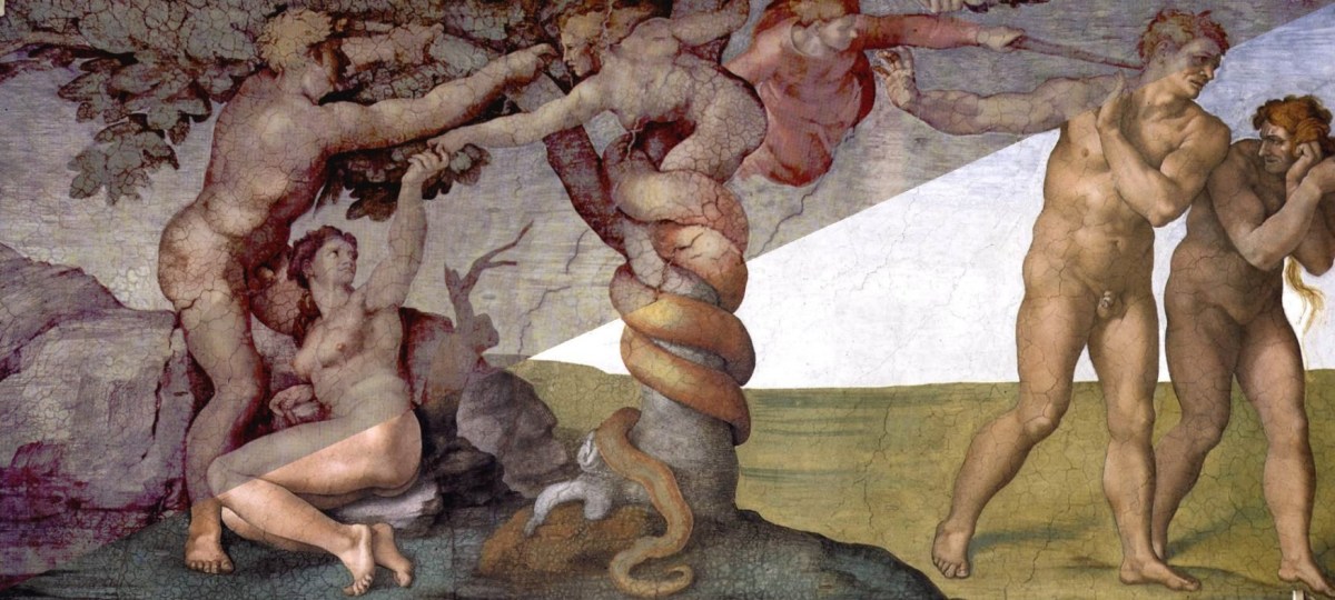 The Original Sin was an act, not an emotion. Here is that act painted on the ceiling of the Sistine Chapel by Michelangelo in 1512.