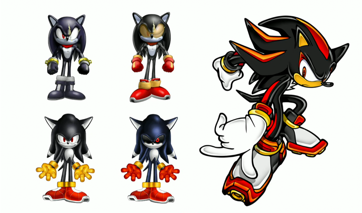 Various concept art and the finalized design of "Shadow the Hedgehog"
