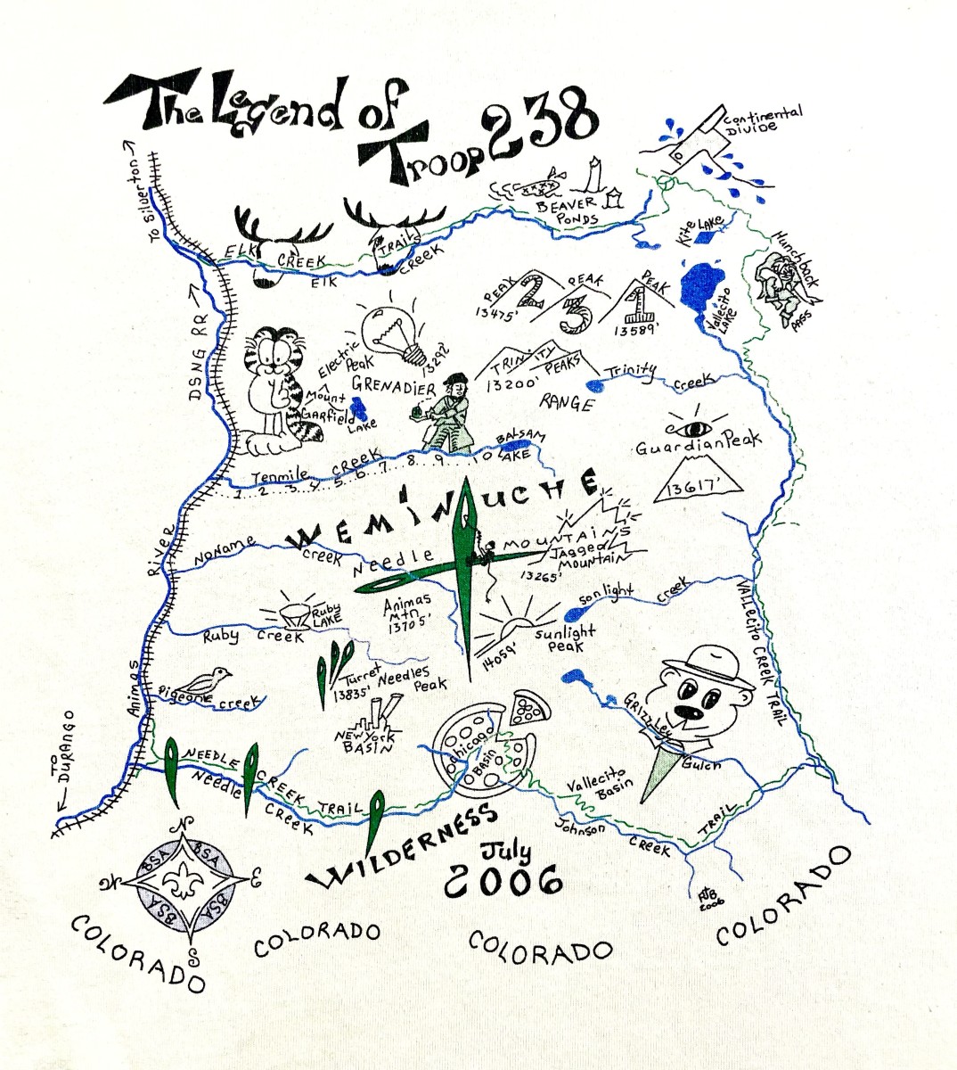Hand drawn map of our 35 mile trek. Used as the T-Shirt for everyone on the trip. 