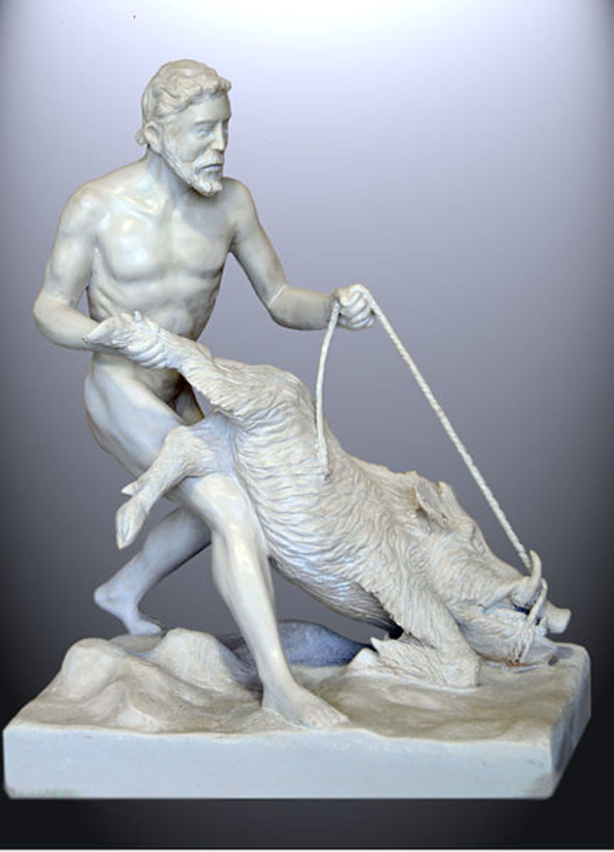 Heracles and the Erymantian boar. Statuette of 60 by 52 and 29 cm. Work of J. M. Félix Magdalena - Photo by Jomafemag - Released into PD