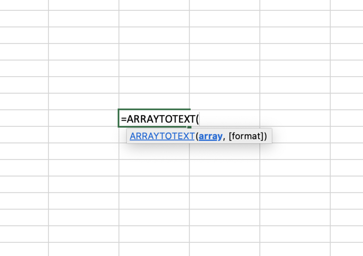 The ARRAYTOTEXT function is being edited here with help tips appearing. 