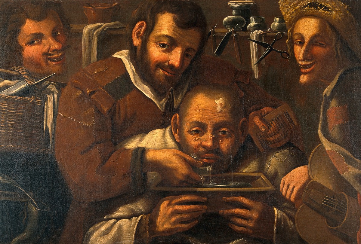 Barber-surgeons operating on a boil on a man's forehead.