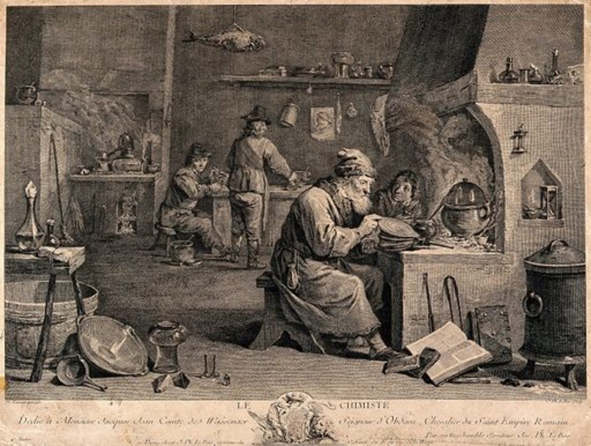 An alchemist with his assistants in his laboratory