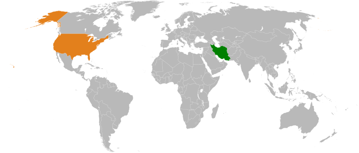 Iran (green) and the United States (orange) on a map of the world.