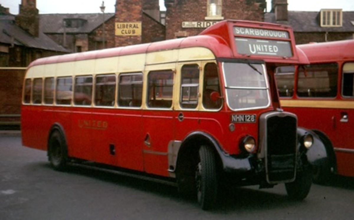 A 1950 Bristol LL6B ECW B39R in United livery with the destination board set for Scarborough in better weather. These buses were largely replaced by the following winter