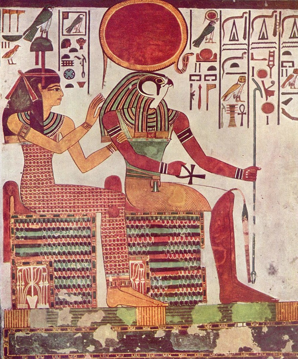 In classic Egyptian art, Ra is depicted as having the head of a falcon and bearing a large sun disc.