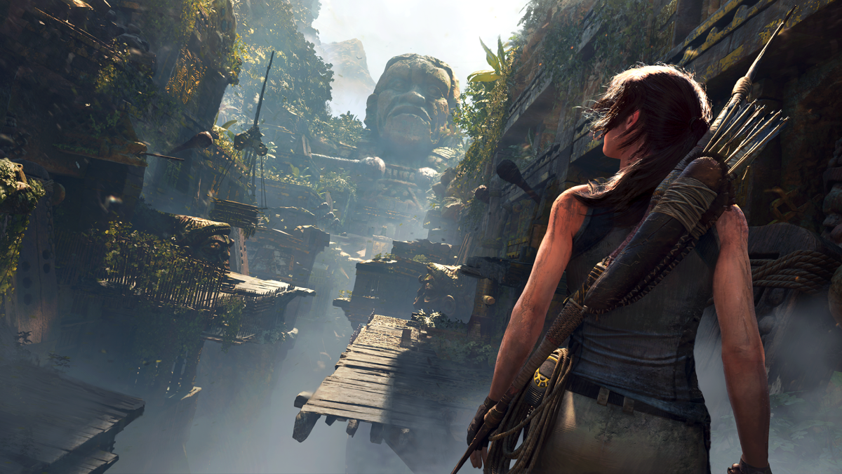 Lara Croft about to tackle a puzzle