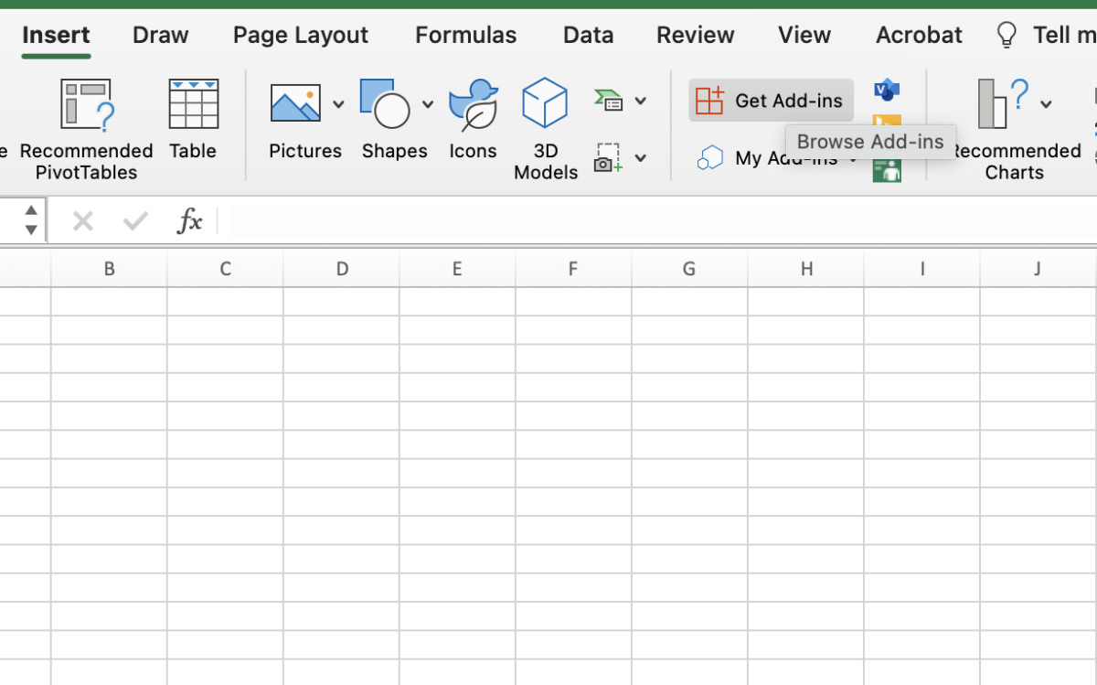 The "get add-ins" button is located under the insert tab of the Excel ribbon. 