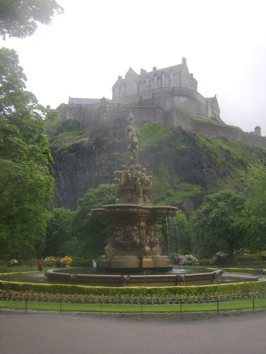 Edinburgh Castle and The Ross Fountain Viewed from Princes Street Gardens