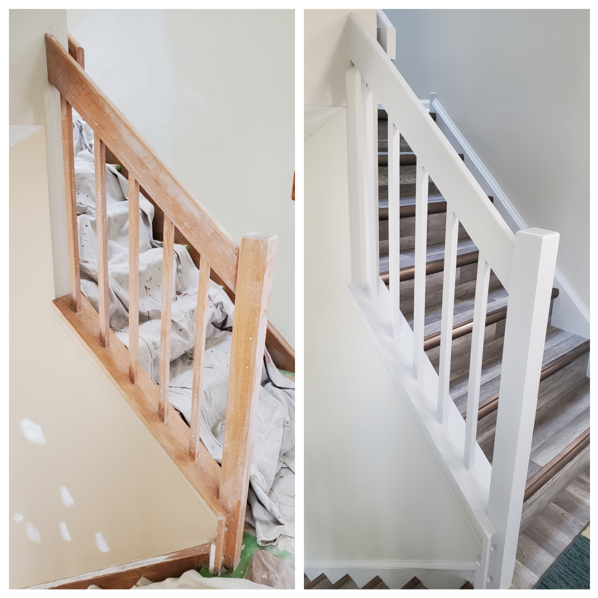 Oak railings and spindles I painted gray. 
