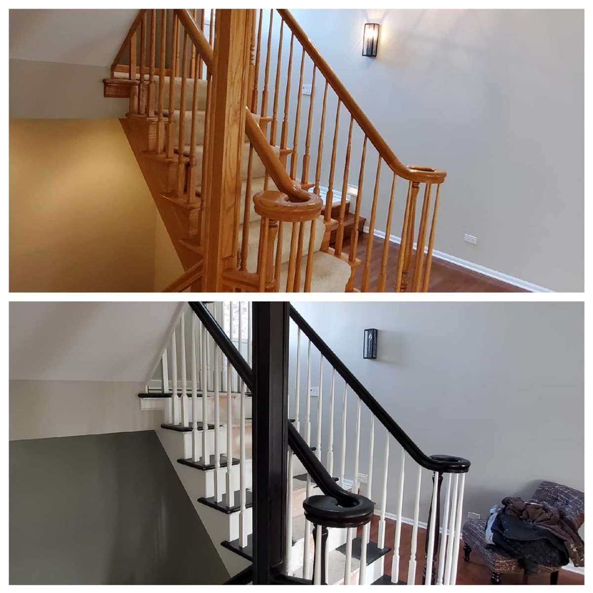 Oak staircase railings and spindles I painted black and white. 