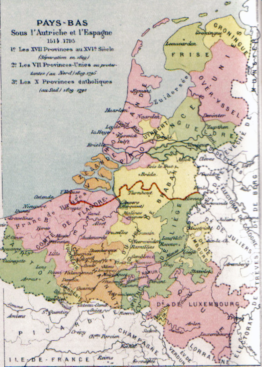 The Low Countries in 1581. Below the red line was predominantly Catholic, while above was mostly Protestant.