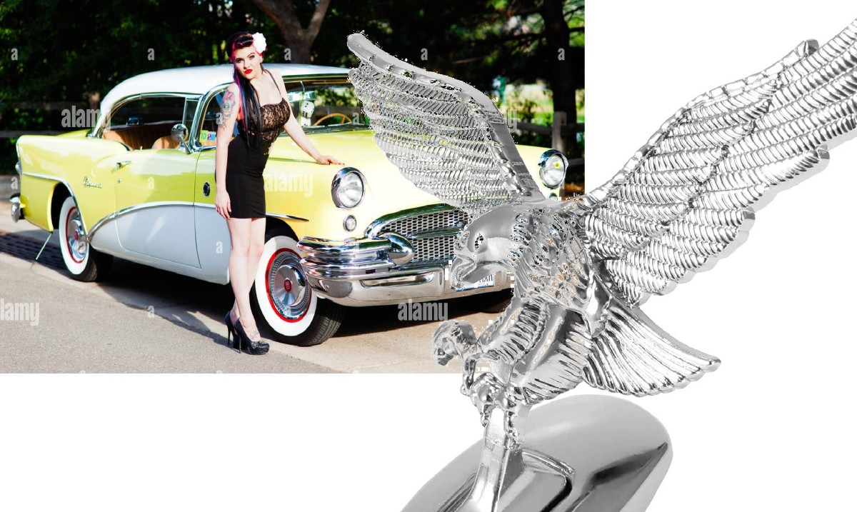 A pretty girl, Buick, and hood ornament Equals: Happiness.