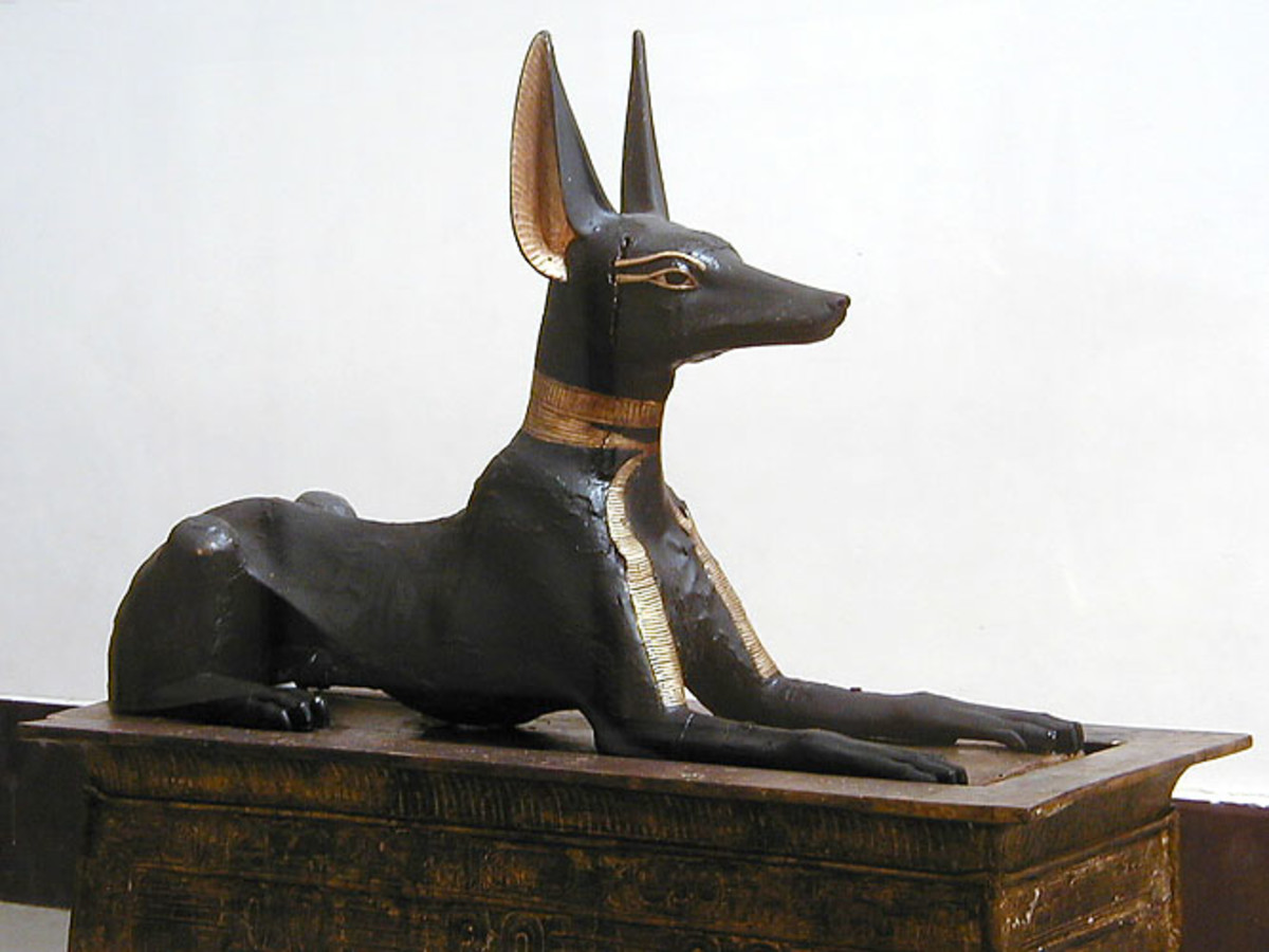 A crouching or "recumbent" statue of Anubis as a black-coated wolf (from the Tomb of Tutankhamun)