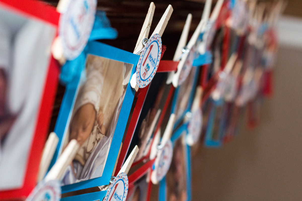 A clothespin display is perfect for sharing photos of the birthday twins. This individual shared 12 photos of each twin with one each from the first 12 months of their lives.