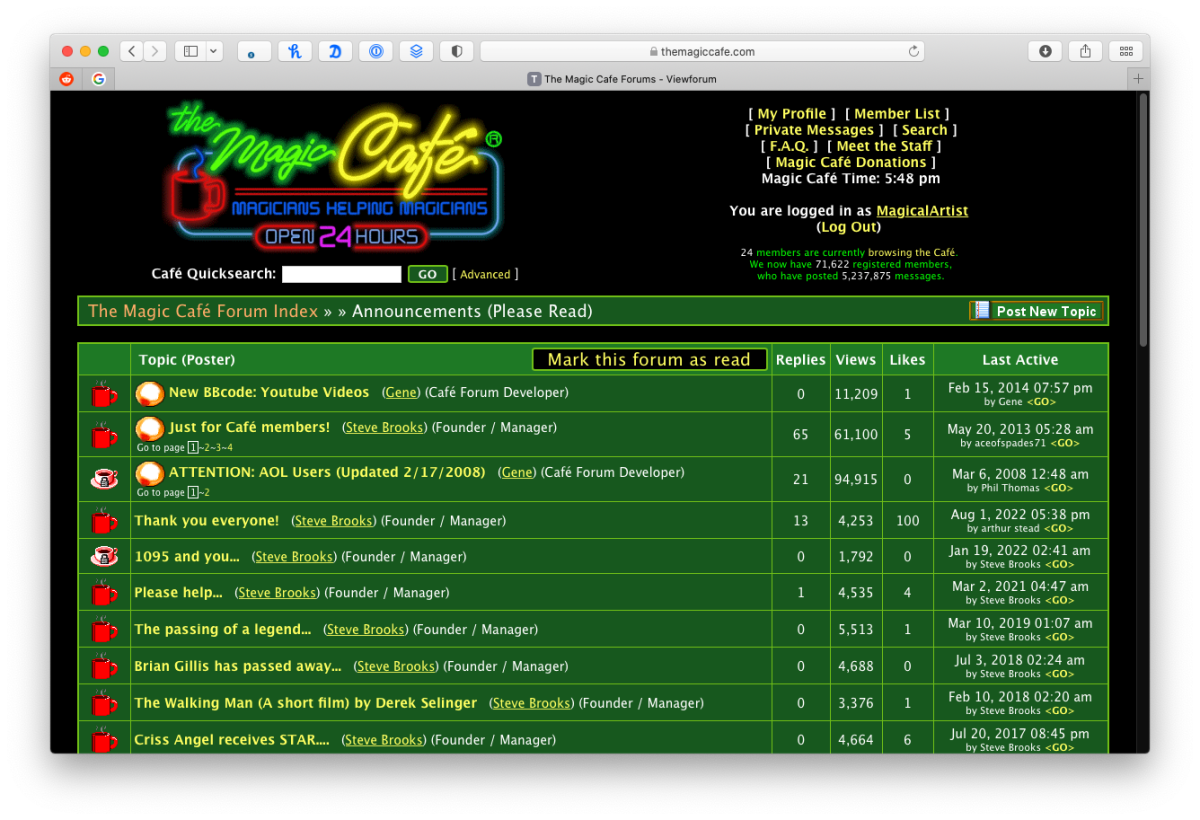 Website of The Magic Cafe, the site famous for its green color
