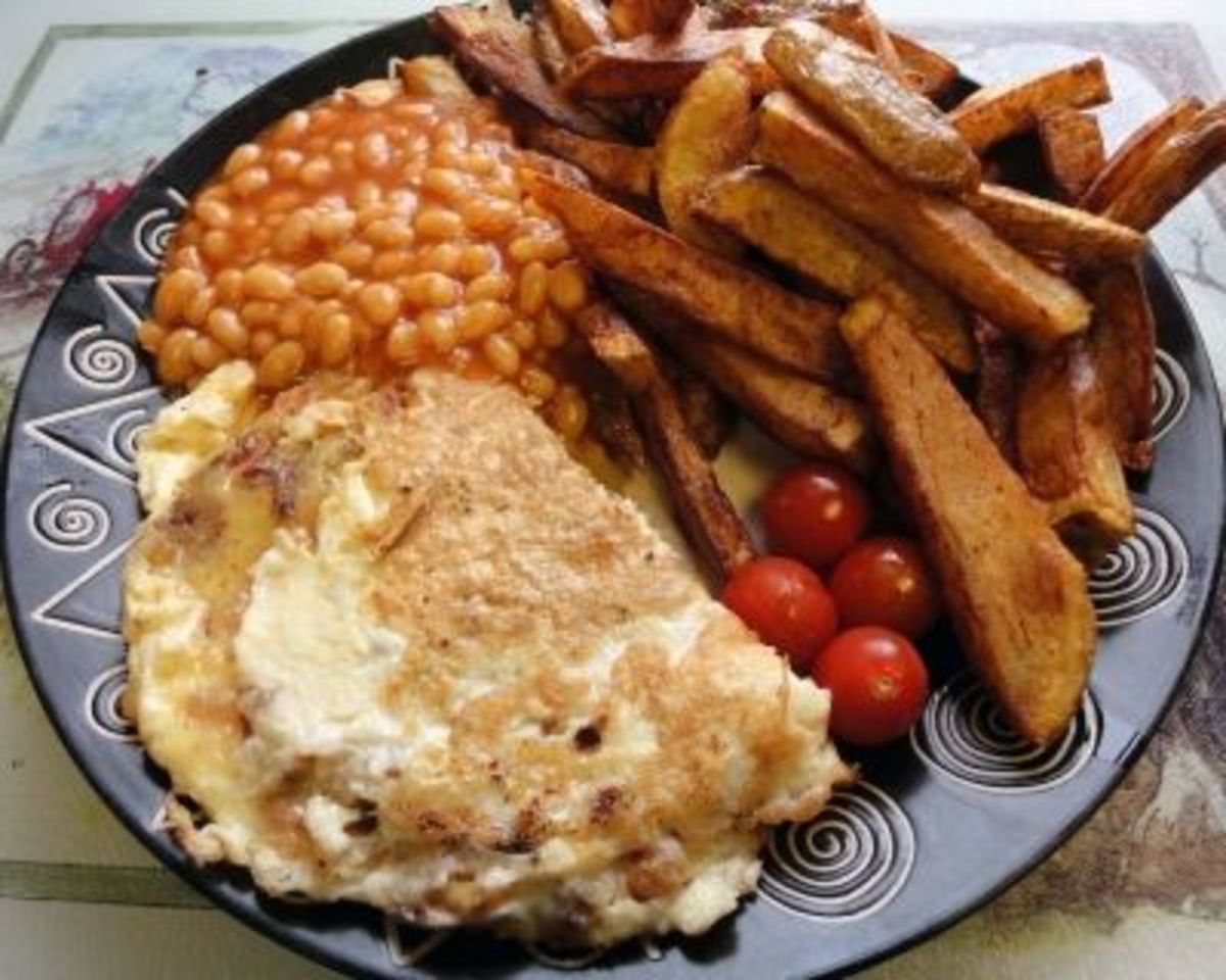 Omelette with chips and baked beans