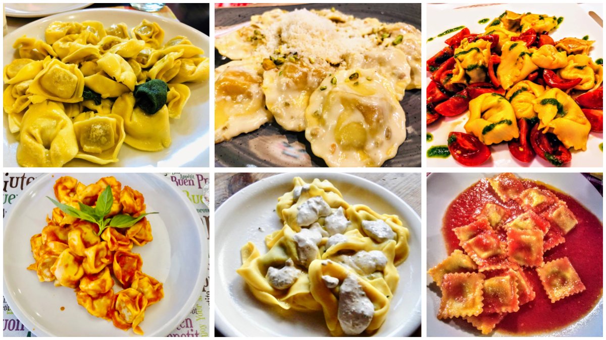 A selection of different varieties of Italian dumplings: ravioli, tortelloni, and girasoli.