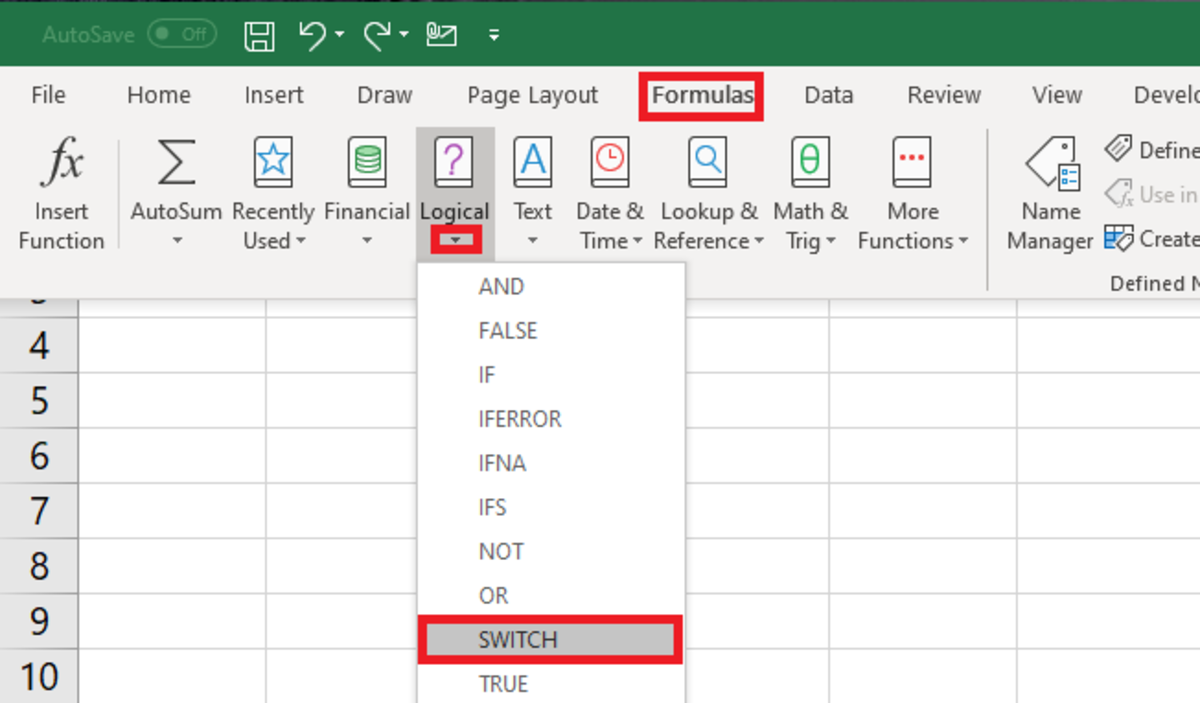 To insert the SWITCH function from the formula tab you must first navigate to: Formulas→Logical→SWITCH. Note that if the categories listed here are forgotten, the insert function button under the formulas tab can be used to search for functions. 