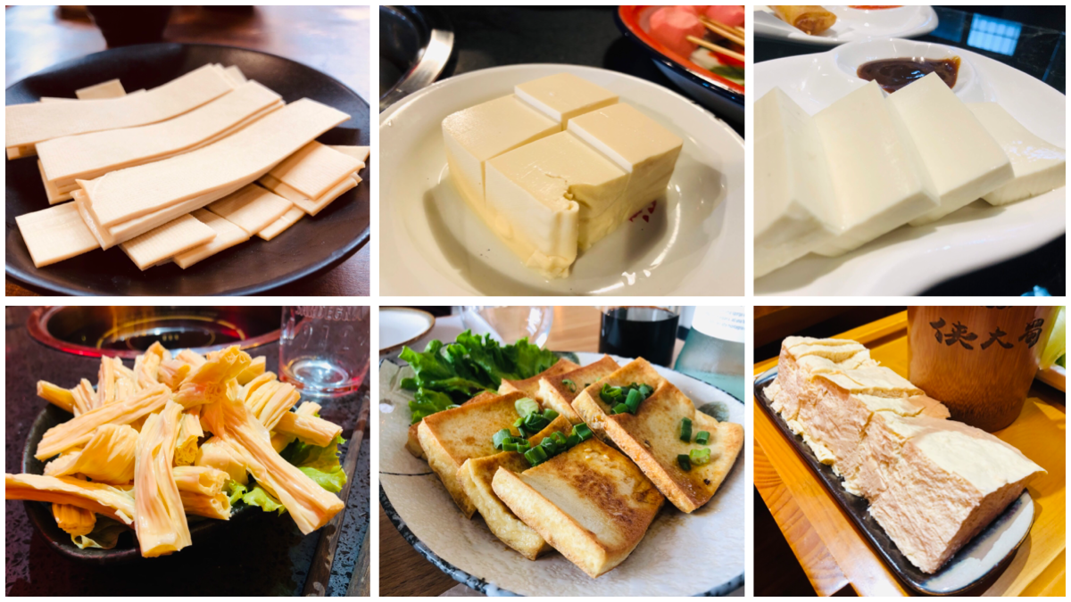 Some kinds of tofu, one of the most important Chinese ingredients. These include fresh tofu, dried tofu sheets, and tofu skin sheets.