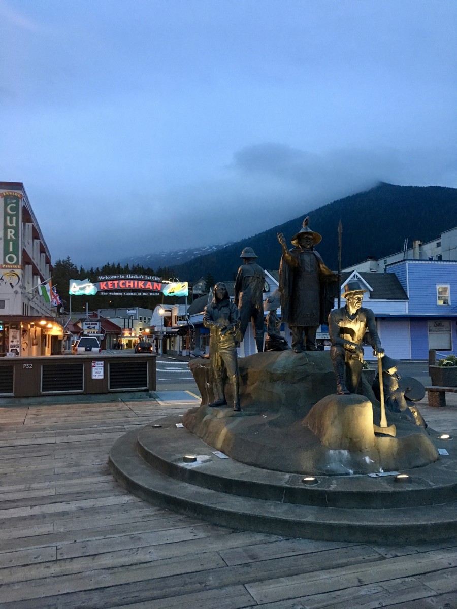 Downtown Ketchikan with Deer mountain at dusk.
