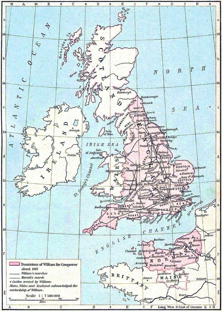 Shown highlighted in pink are William the Conqueror's lands in 1087. 