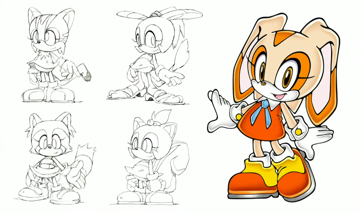 Various concept art and finalized version of "Cream the Rabbit"