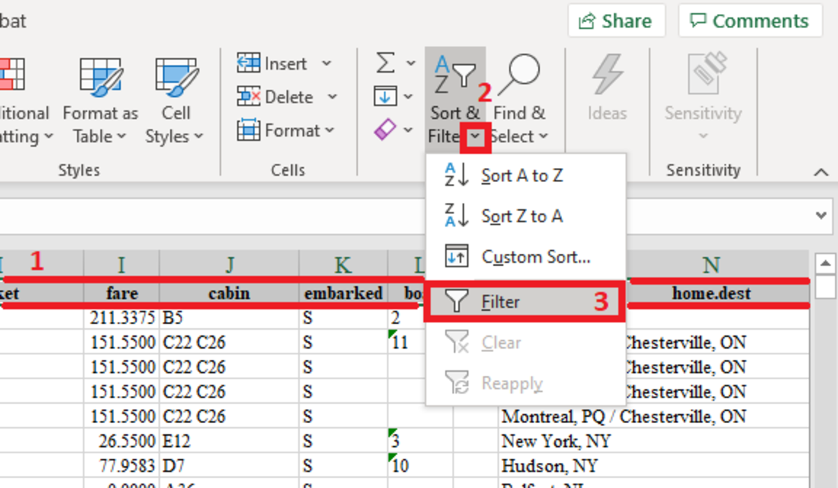 The sort and filter options are located under the home tab in the Excel ribbon. 