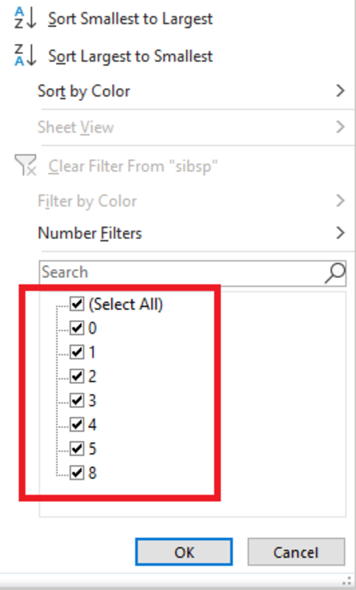 This illustration shows the filtering option where data be excluded by unchecking boxes. 