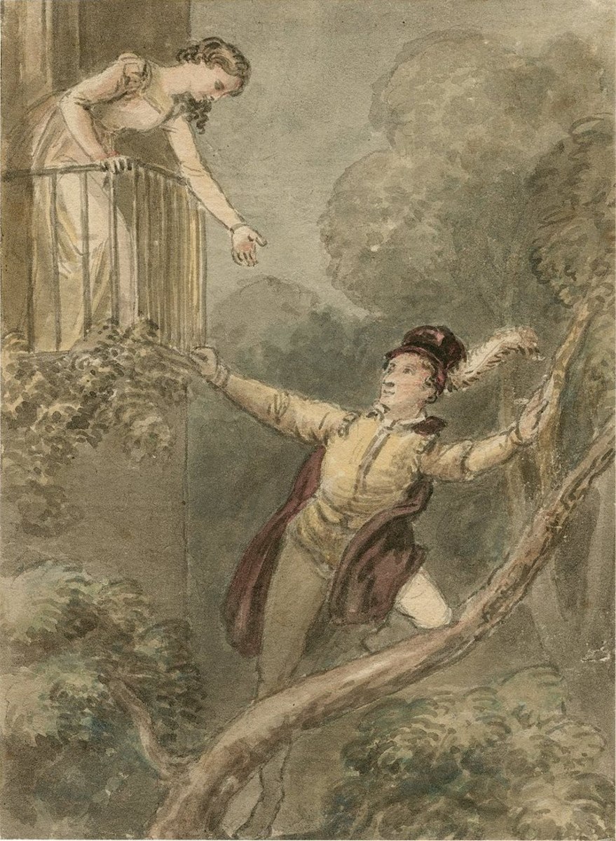Watercolor by John Masey Wright of Act II, Scene II. The image depicts the balcony scene.