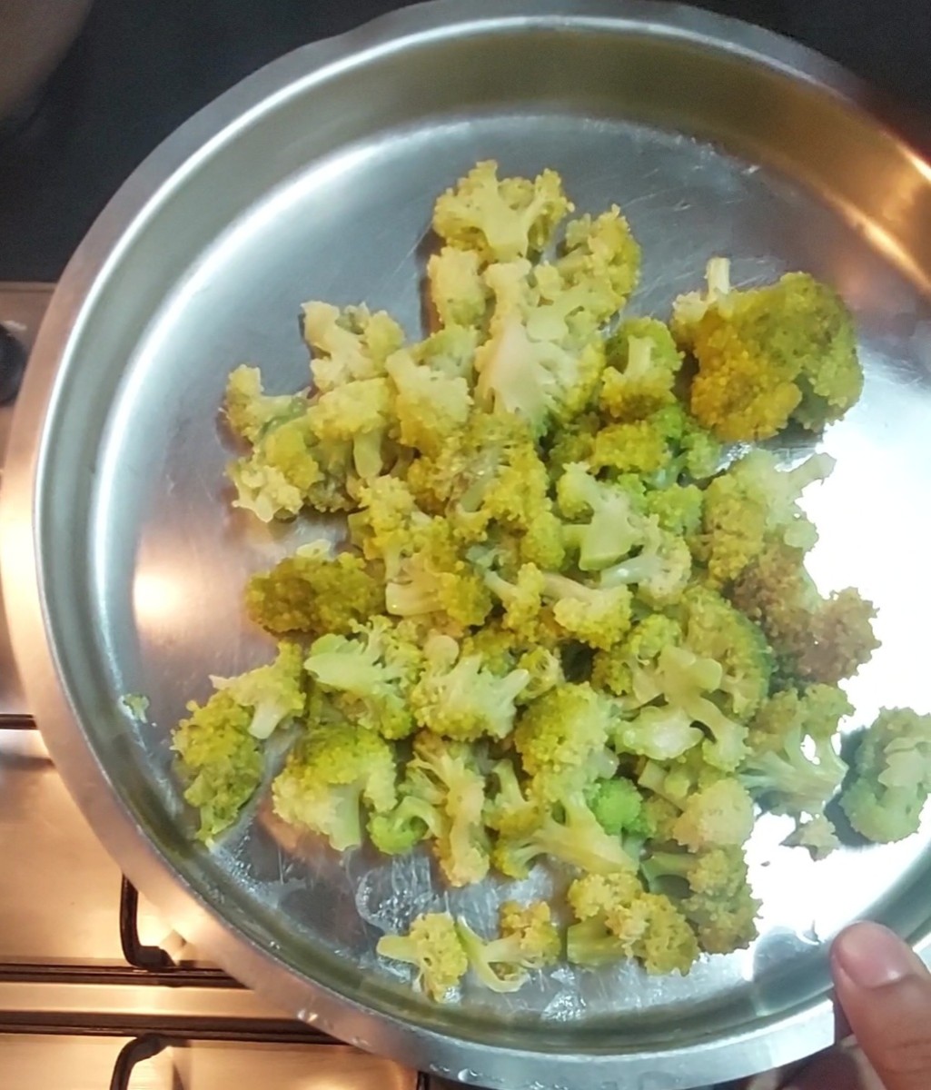 Drain off the water from the cooked broccoli, transfer to a plate and set aside.