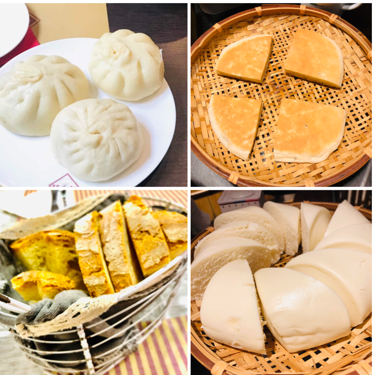 Clockwise from top left: Chinese baozi, flat buns, mantou, and Italian bread.
