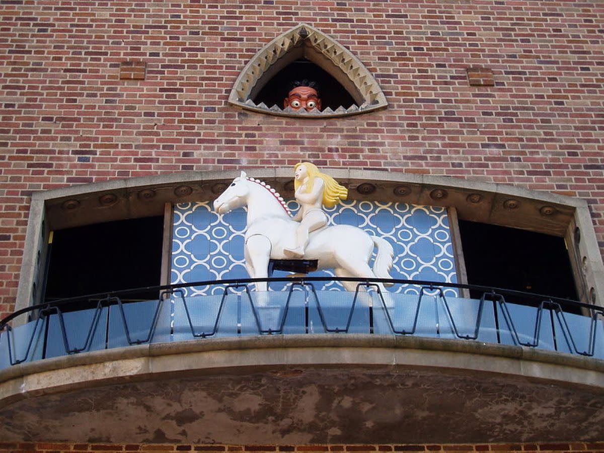 Lady Godiva Clock, Broadgate, Coventry. Peeping Tom is peering down at her.